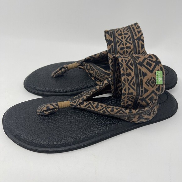 Sanuk Slingback Western Boho Flat Sandals Size 10 Yoga Mat Brown Black Stretch - Picture 3 of 10